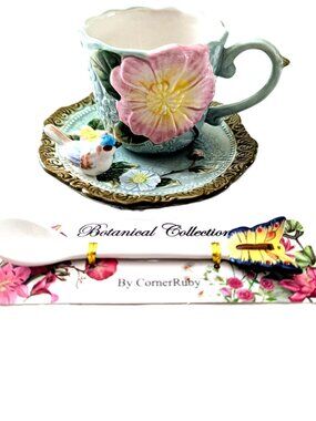 Corner Ruby Botanical Collection w/bird on saucer , Teacup, leaf Saucer Set New